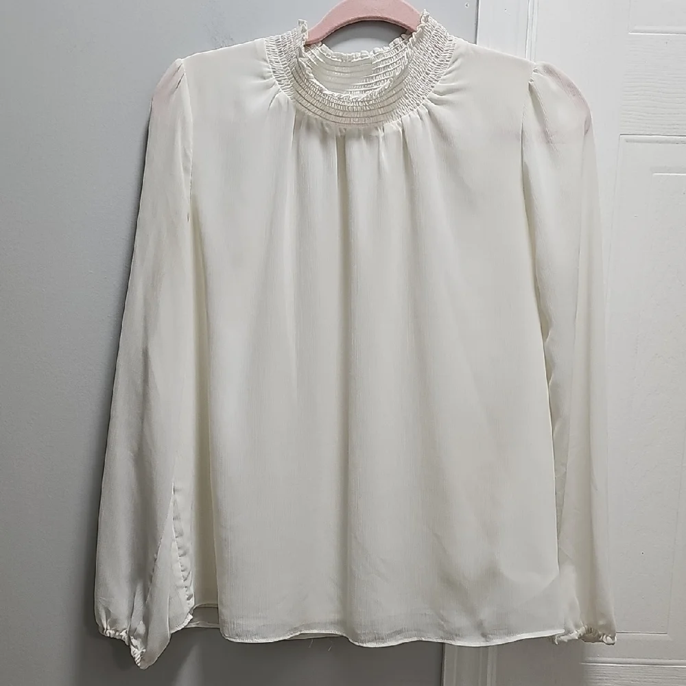J.Crew White Smocked High Neck Long Sleeve Chiffon Blouse Size M